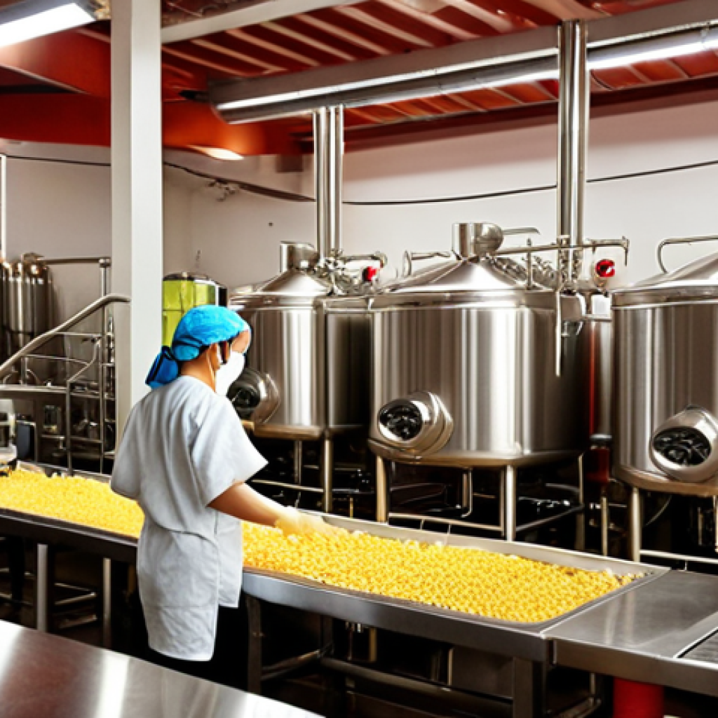 **

"A vibrant, bustling Vietnamese craft brewery. Focus on stainless steel brewing equipment gleaming under warm lights, with brewers in protective gear working diligently. Show locally sourced ingredients like rice or tropical fruits displayed prominently. The atmosphere should be clean, modern, and convey quality and hygiene. Emphasize 'Made in Vietnam' through subtle visual cues. Focus on conveying a sense of quality ingredients and responsible production"

**