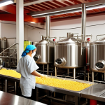 **

"A vibrant, bustling Vietnamese craft brewery. Focus on stainless steel brewing equipment gleaming under warm lights, with brewers in protective gear working diligently. Show locally sourced ingredients like rice or tropical fruits displayed prominently. The atmosphere should be clean, modern, and convey quality and hygiene. Emphasize 'Made in Vietnam' through subtle visual cues. Focus on conveying a sense of quality ingredients and responsible production"

**