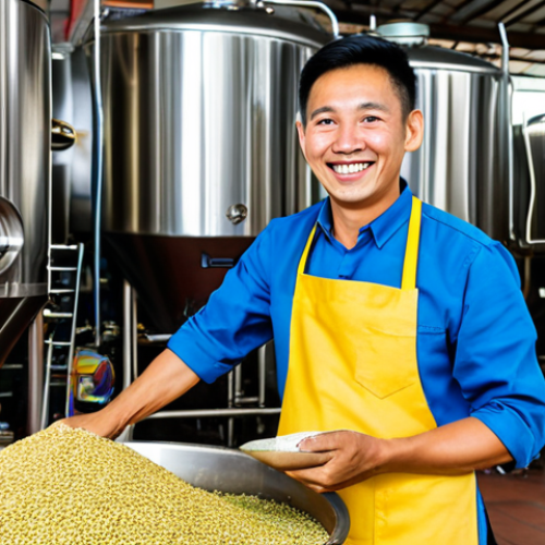 Home 24 A professional Vietnamese craft brewer, fully clothed in a modest work apron and casual professional attire, standing confidently in a bustling Vietnamese craft brewery in Ho Chi Minh City. Stainless steel tanks gleam behind him, with sacks of malt and fresh hops visible. He holds a glass of golden craft beer, observing its clarity with a warm smile. The scene captures the artistry and passion of brewing. The environment is clean and well-lit. Safe for work, appropriate content, family-friendly, perfect anatomy, correct proportions, natural pose, well-formed hands, proper finger count, professional photography, high quality.