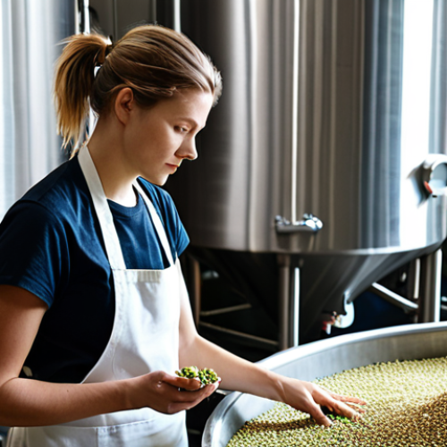 A focused professional female brewer in a clean, modest work apron, meticulously inspecting a handful of aromatic hops and pale malt grains in a modern, gleaming stainless steel craft brewery. The background features large fermentation tanks and brewing equipment, bathed in ambient light. The scene emphasizes precision and dedication. Fully clothed, appropriate attire, safe for work, professional, perfect anatomy, correct proportions, natural pose, well-formed hands, proper finger count, natural body proportions, high-quality photography, detailed, realistic.